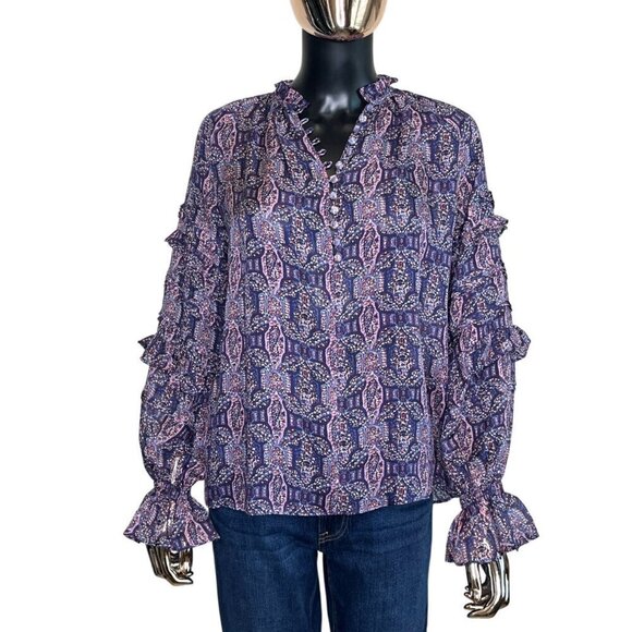 Haute Hippie 100% Silk Indigo Boho Ruffle Blouse NWT XS (Runs Oversized) - Picture 3 of 10